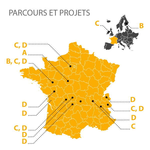 Localisation du parcours et des projets d'Alexis JULIEN